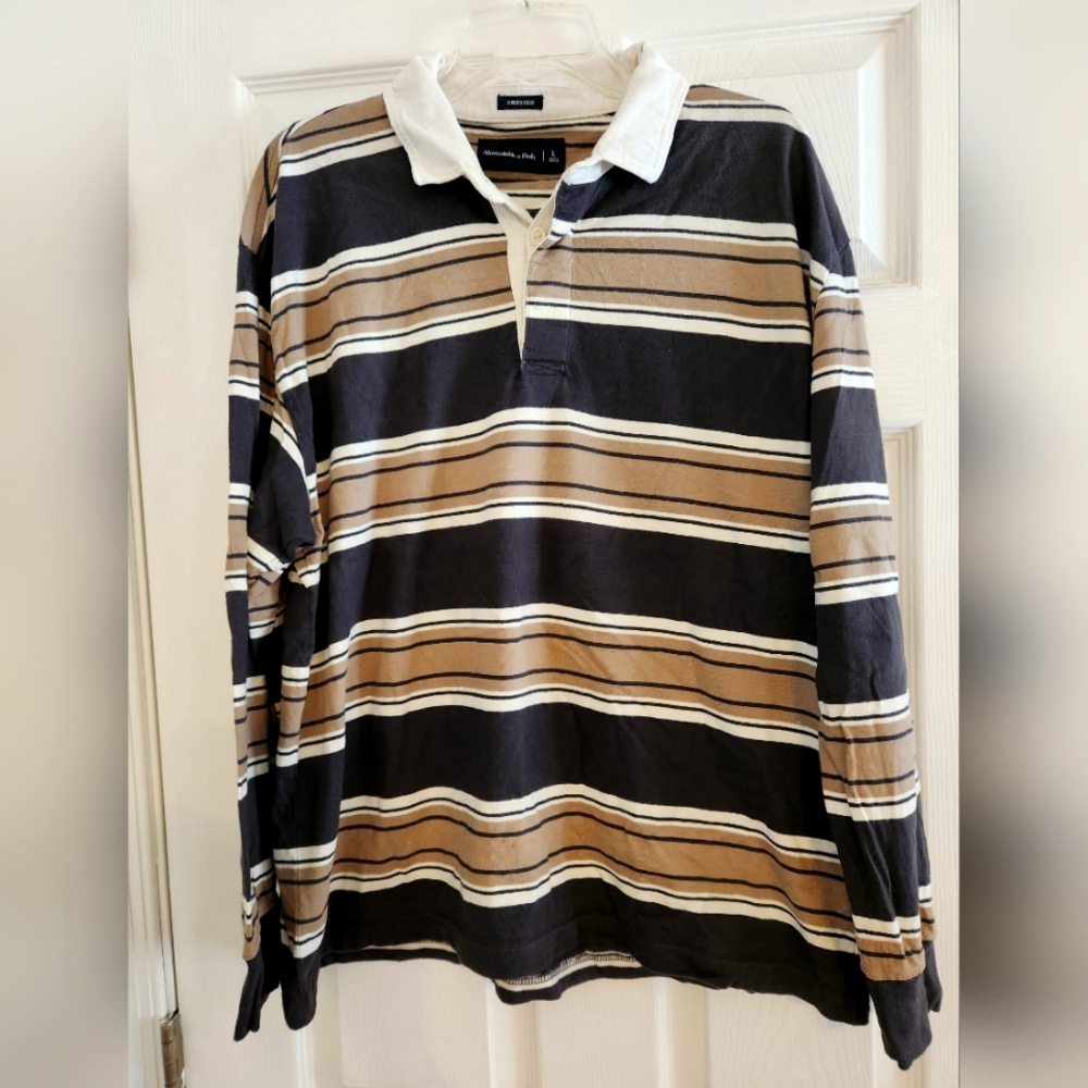 Abercrombie & Fitch Oversized Rugby Black and Tan Polo Shirt Classic Stripes